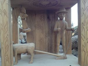 Cottonwood root carving by Mayo Indian, Sinaloa, Mexico, depicting San Ysidro with ox, plow, corn motif, and angel watching him.  From Burns...Drees Collection (photo MABurgess)
