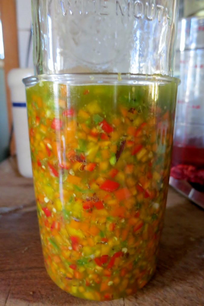 pureed jalapenos with  diced multicolor sweet peppers