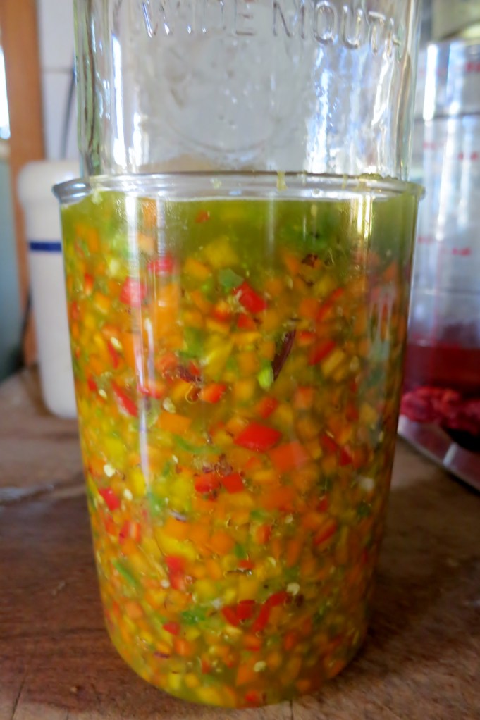 pureed jalapenos with  diced multicolor sweet peppers