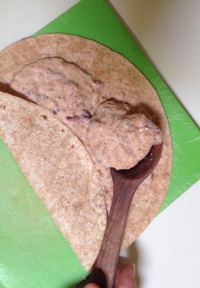 Mortgage Lifter burrito in whole wheat tortilla--first step for making heirloom bean roll-up appetizers