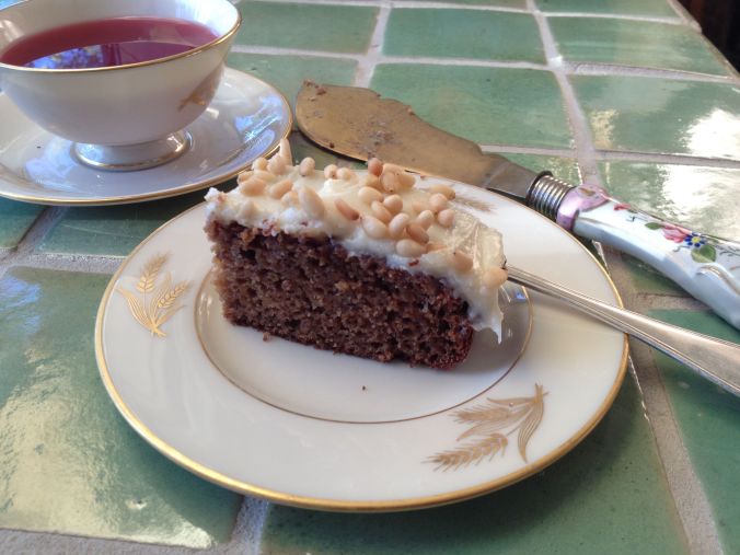 Sonoran Pumpkin Cake tea time on wheat china to honor the Wong Family farmers who are helping to save the ancient white Sonora wheat (MABphoto)