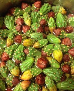 Cholla buds from yellow and red flowers--de-spined and ready to cook
