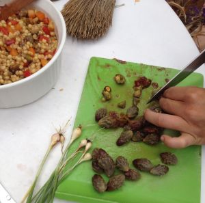 prepping cooked cholla buds with I'itoi's onions for White Sonoran Wheatberry salad