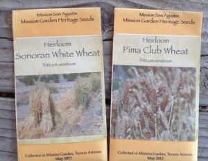 Seed packets of heirloom wheat varieties grown at Mission Garden