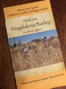 Packaged rare Magdalena Barley seed grown at Mission Garden--our own local treasure.