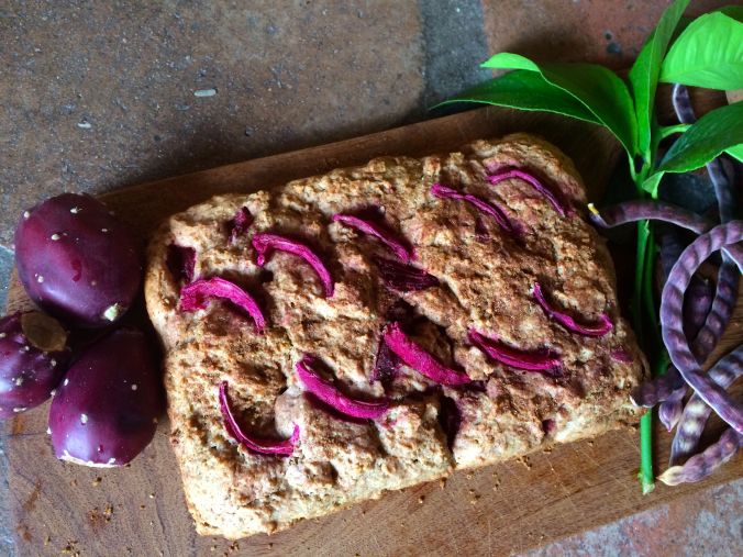 Prickly pear-mesquite coffeecake (Ihbhai Wehog Pas-tihl) ready to serve