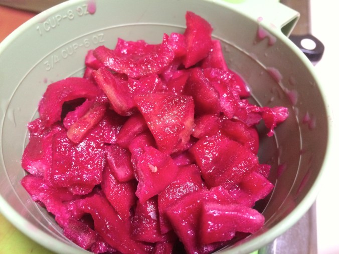 Prickly pear fruit chunks prepped for baking