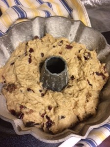Freshly mixed dough in greased and floured bunt pan