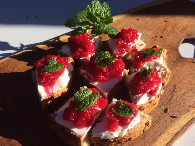 Here I've used Chiltepin-Cranberry Relish served with creamcheese-on-rye canapés