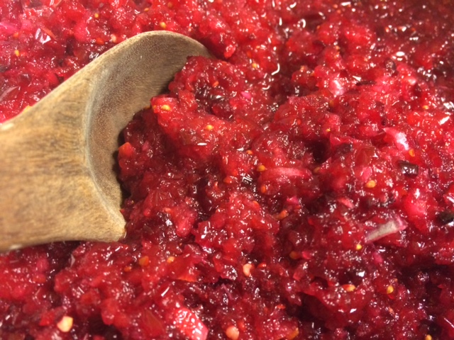 Note texture of fresh relish--not too fine. (Tarahumara and Mayo spoons like this for serving can be found at the NativeSeeds/SEARCH store)