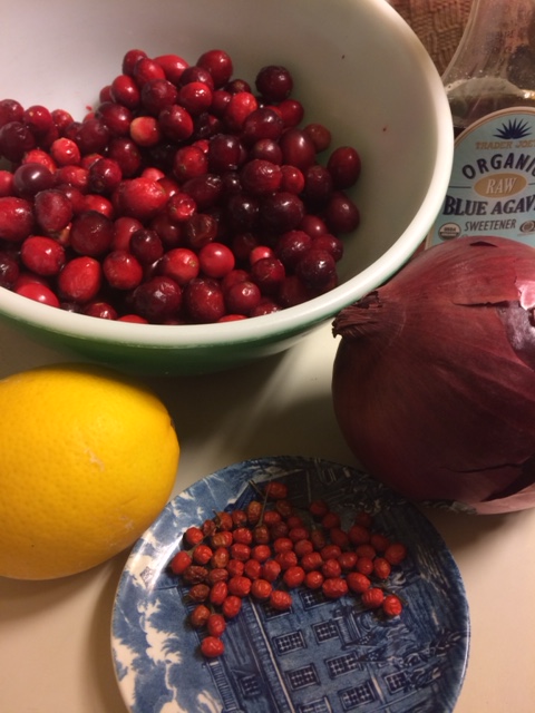 Ingredients for Chiltepin-Cranberry Relish--some local, some transported