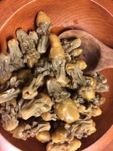 Locally-harvested buckhorn and staghorn cholla buds, reconstituted and ready to cut as toppings for pizza