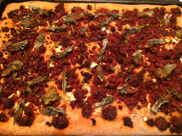 What a great combination--wild-harvested cholla buds, local chorizo, Fiore di Capra goat cheese, and truly flavorful organic wheat flour crust!