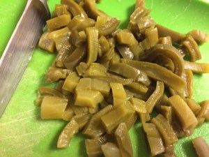 Pickled prickly pear cactus pads--better known as nopalitos in Spanish and nowi in Tohono O'odham